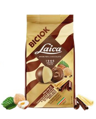 LAICA BOULES BICIOK CIOCCOLATO LATTE E BIANCO RIPIENO ALLA NOCCIOLA GR.90