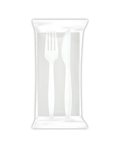 BIS FOURCHETTE + COUTEAU + SERVIETTE BLANCHE RÉUTILISABLE X 100 PIÈCES
